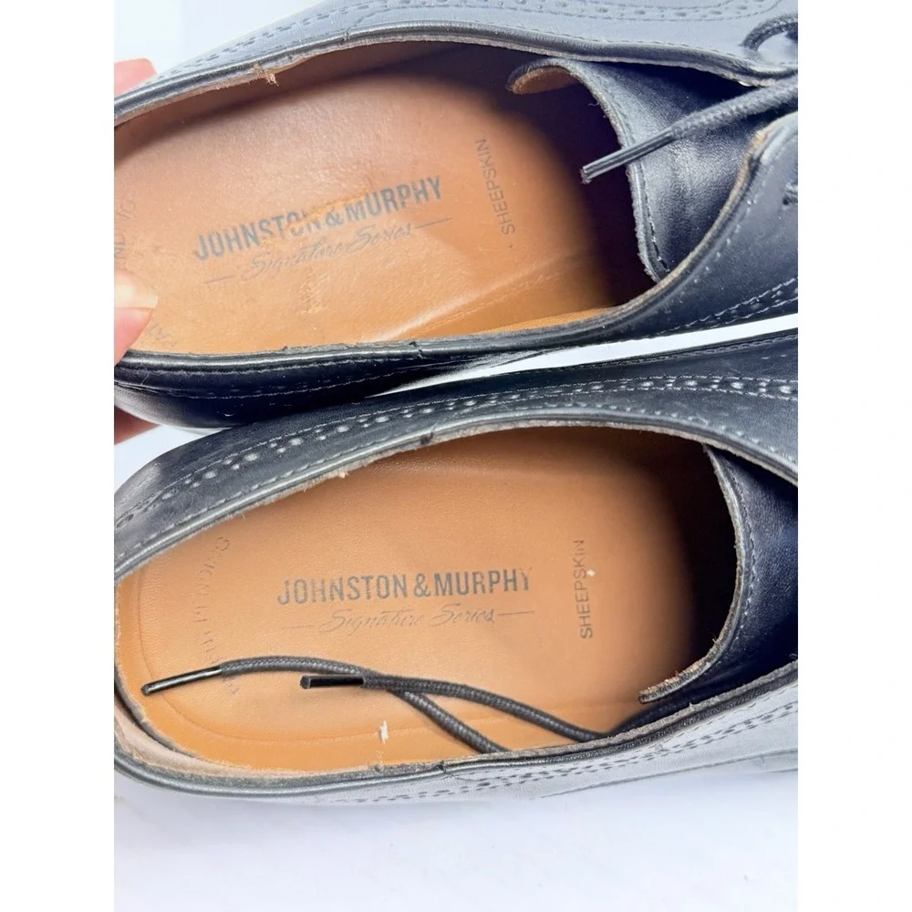 Johnston & Murphy Men's Oxford Leather Wingtip Sheepskin Shoes Sz 13M Black